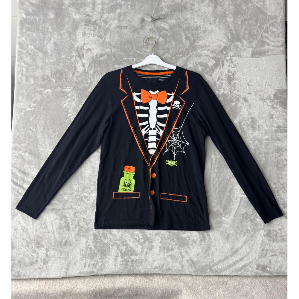Denim & Flower Ricky Singh Halloween Skeleton Tuxedo Long Sleeve Tee M Black